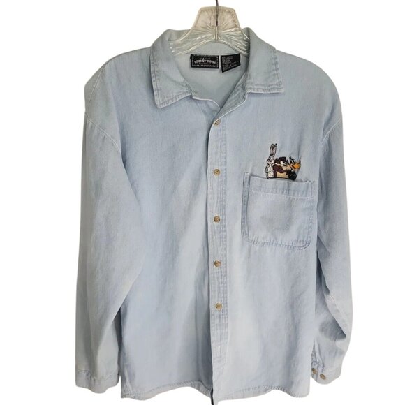 Classic Looney Tunes Denim Shirt Embroidered Bugs Bunny Taz & Daffy Duck Light B - Picture 1 of 4